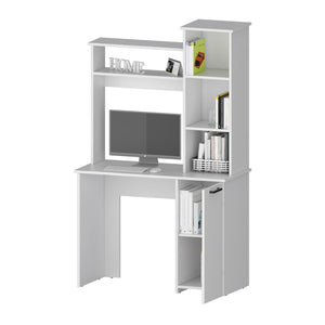 English Elm White Spacious Computer Desk with Hutch & 3-Tier Shelves, Cabinet Storage, Elegant Home Office Organizer B062P175110