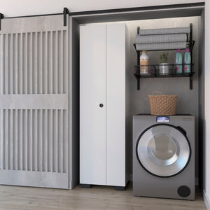 English Elm White Broom Cabinet with 5 Shelves, 3 Side Hangers & Bottom Storage — Tall 71" White Organized Closet B062S00380