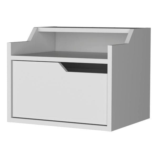 English Elm White Floating Nightstand with Drawer and Dual Shelves — Wall-Mounted Modern White Display for Small Spaces B062P175143