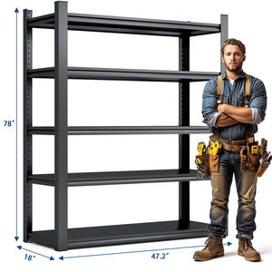 English Elm 78"H Heavy Duty 5-Tier Metal Shelving Unit, 2000LB Capacity, Adjustable DIY Garage/Storage Rack, Quick-Assembly Black/Grey T2398P160410