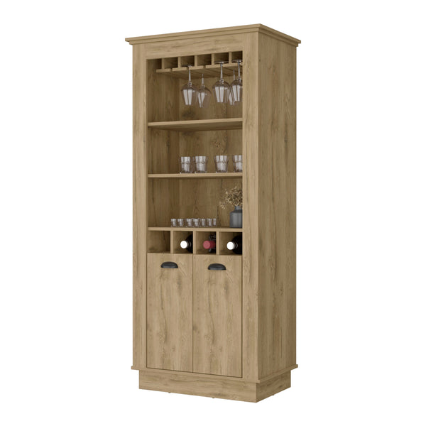 English Elm Macadamia Chic Bar Cabinet with 4-Built In Wine Racks, 10-Glass Holder & Open Shelves for Entertaining B062S00384