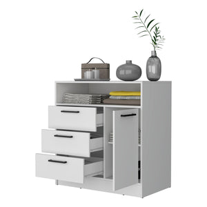 English Elm White 3-Drawer Dresser with Open Top Shelf and Cabinet Storage – Durable White Wood Accent for Bedroom or Entryway (36.7" H) B062S00381