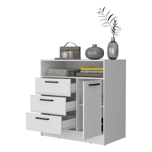 English Elm White 3-Drawer Dresser with Open Top Shelf and Cabinet Storage – Durable White Wood Accent for Bedroom or Entryway (36.7" H) B062S00381