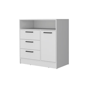 English Elm White 3-Drawer Dresser with Open Top Shelf and Cabinet Storage – Durable White Wood Accent for Bedroom or Entryway (36.7" H) B062S00381