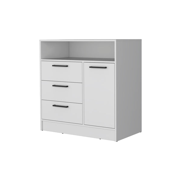 English Elm White 3-Drawer Dresser with Open Top Shelf and Cabinet Storage – Durable White Wood Accent for Bedroom or Entryway (36.7" H) B062S00381