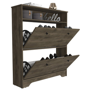 English Elm Calgary Dark Brown Shoe Rack with Superior Top, 1 Open Shelf & 2 Extendable Drawers for Entryways B20091898
