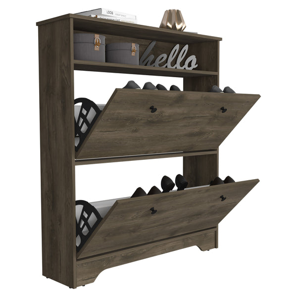 English Elm Calgary Dark Brown Shoe Rack with Superior Top, 1 Open Shelf & 2 Extendable Drawers for Entryways B20091898