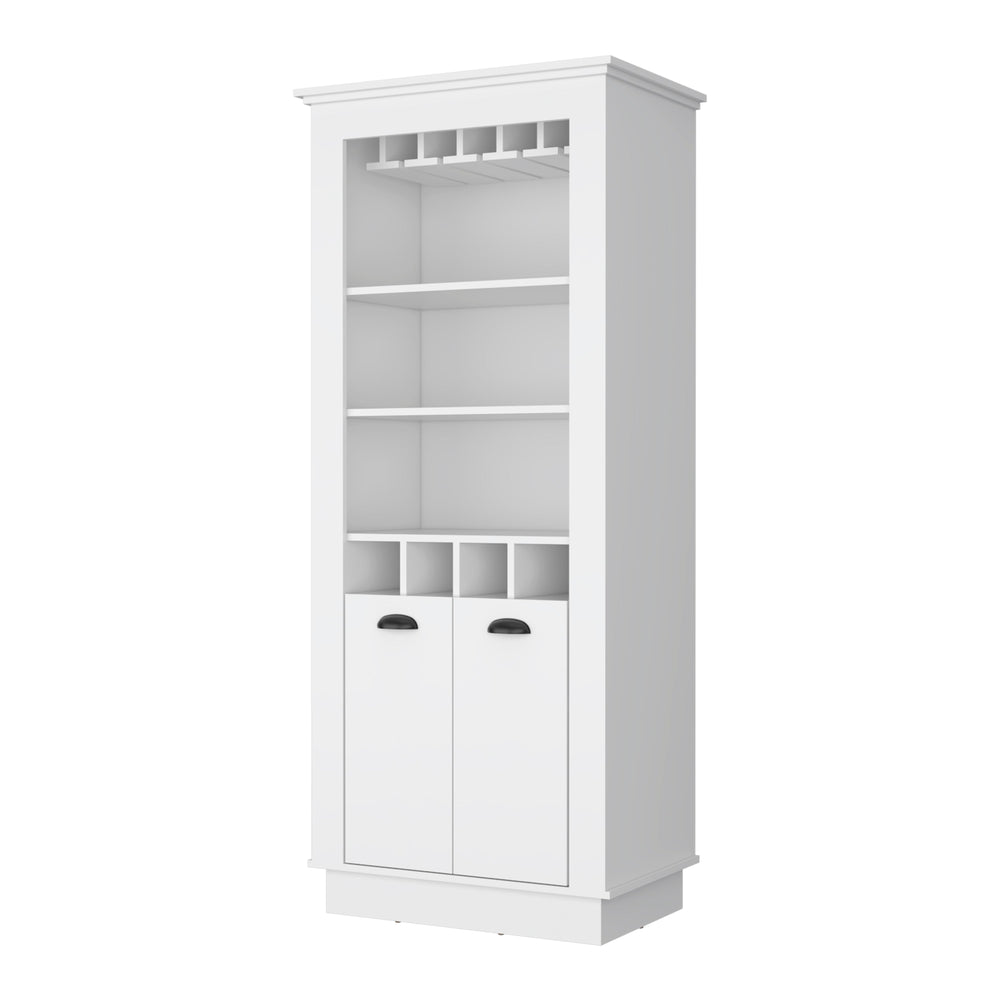 English Elm White Chic 4-Built In Wine Rack Bar Cabinet with 10-Glass Holder, Open Shelves & Spacious Storage for Entertaining Elegance B062S00383