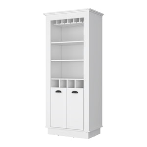 English Elm White Chic 4-Built In Wine Rack Bar Cabinet with 10-Glass Holder, Open Shelves & Spacious Storage for Entertaining Elegance B062S00383