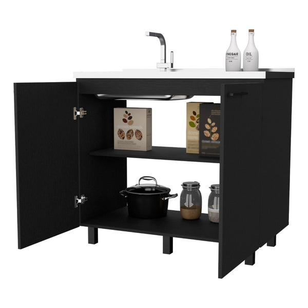 English Elm Wenge Finish Utility Sink Cabinet Set with Aluminum Countertop and Interior Shelving B062S00377