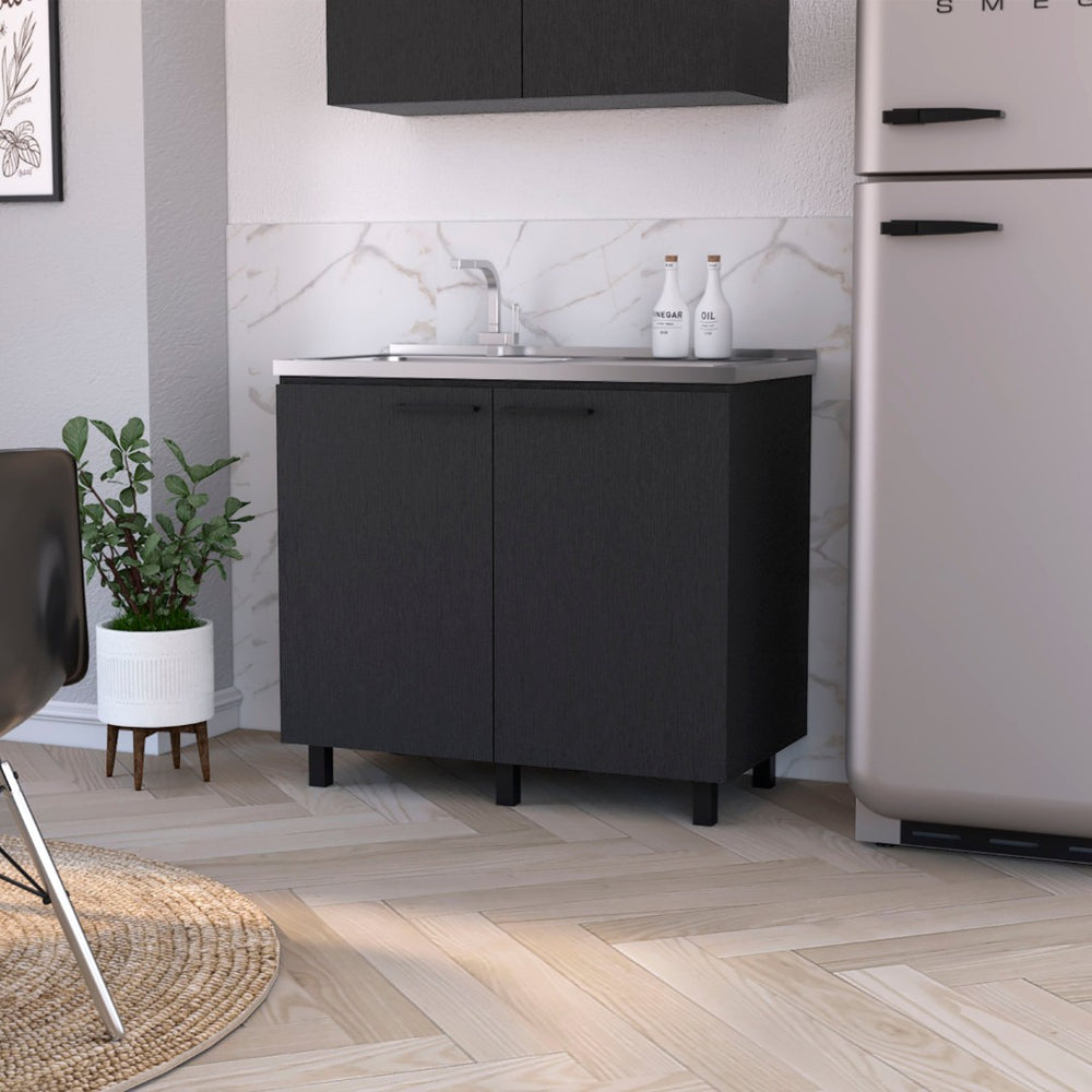 English Elm Wenge Finish Utility Sink Cabinet Set with Aluminum Countertop and Interior Shelving B062S00377