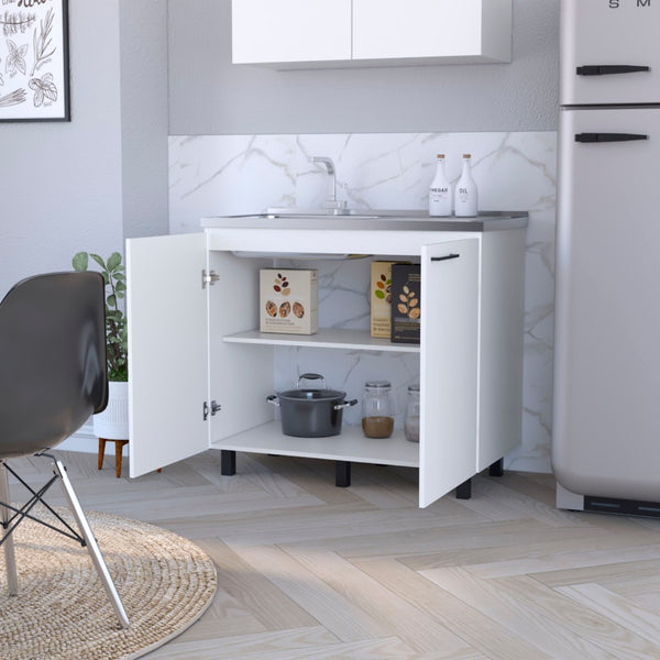 English Elm Wenge Finish Utility Sink Cabinet Set with Aluminum Countertop and Interior Shelving B062S00376