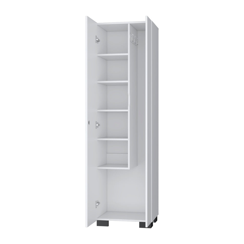 English Elm White Broom Cabinet with 5 Shelves, 3 Side Hangers & Bottom Storage — Tall 71" White Organized Closet B062S00380