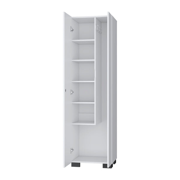 English Elm White Broom Cabinet with 5 Shelves, 3 Side Hangers & Bottom Storage — Tall 71" White Organized Closet B062S00380
