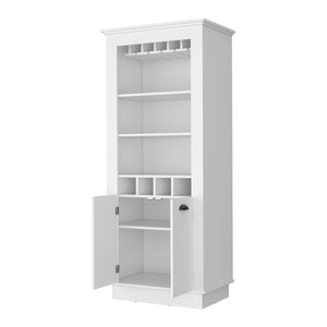 English Elm White Chic 4-Built In Wine Rack Bar Cabinet with 10-Glass Holder, Open Shelves & Spacious Storage for Entertaining Elegance B062S00383