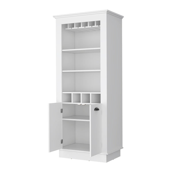 English Elm White Chic 4-Built In Wine Rack Bar Cabinet with 10-Glass Holder, Open Shelves & Spacious Storage for Entertaining Elegance B062S00383