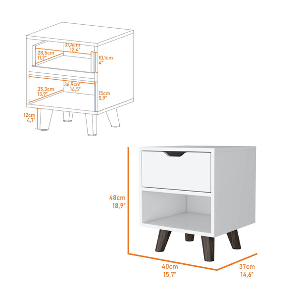 English Elm White Modern Nightstand with 1 Drawer and Open Shelf, Compact Wooden Legs, Chic Storage for Bedroom B062P175113