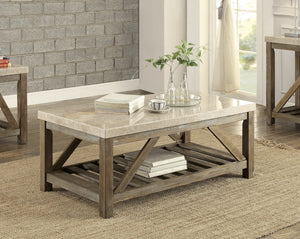 English Elm Industrial Angled Support End Table with Marble Top and Weathered Wood Shelf, Creamy White Accent Natural 53 L x 30.75 W x 10 H B011P175702