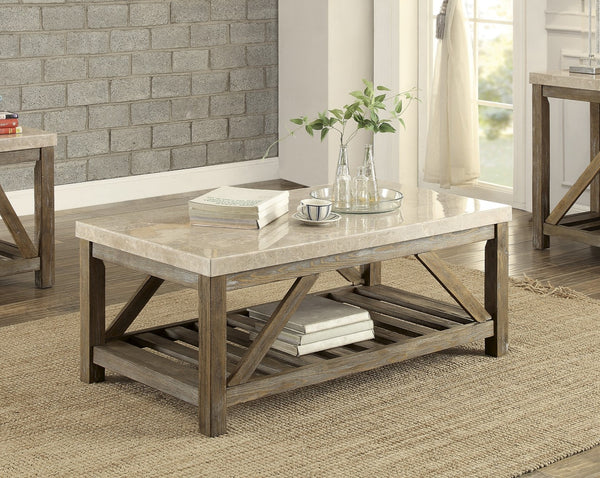 English Elm Industrial Angled Support End Table with Marble Top and Weathered Wood Shelf, Creamy White Accent Natural 53 L x 30.75 W x 10 H B011P175702