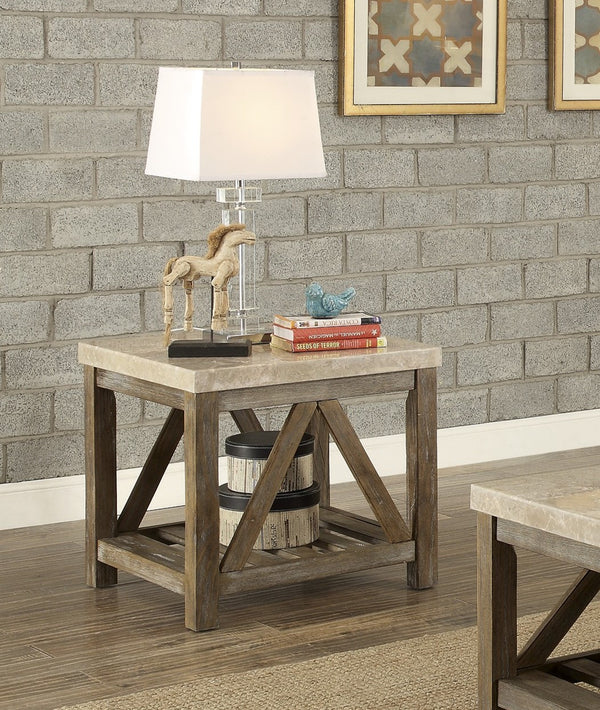 English Elm Industrial Angled Support End Table with Marble Top and Weathered Wood Shelf, Creamy White Accent Natural 35.5 L x 28.75 W x 10 H B011P175698