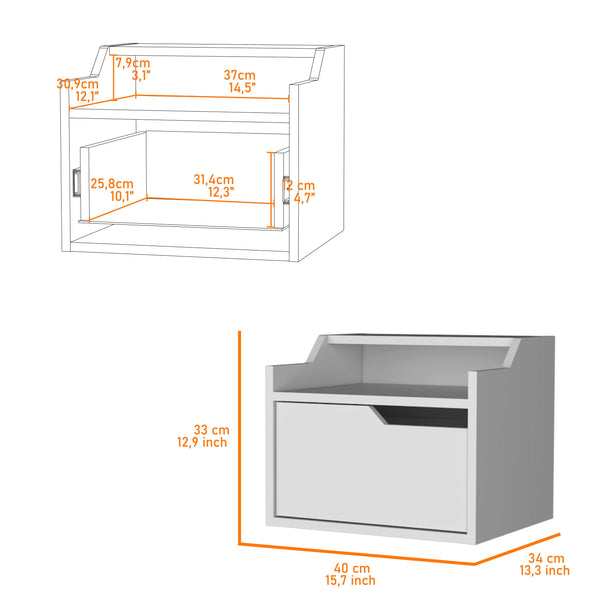 English Elm White Floating Nightstand with Drawer and Dual Shelves — Wall-Mounted Modern White Display for Small Spaces B062P175143