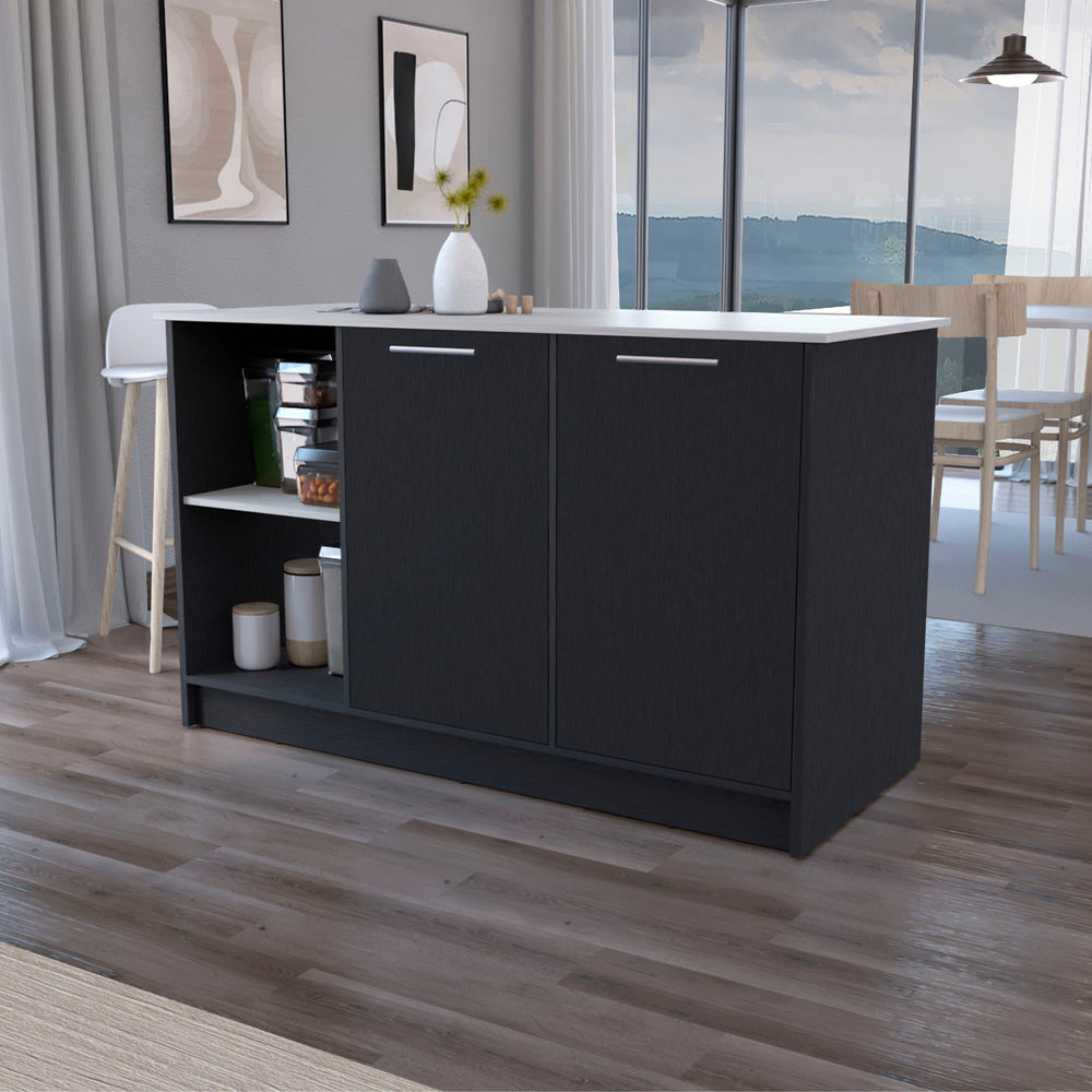 English Elm Wenge Kitchen Island with Wenge & Onyx Finish, Double Door Cabinets, Open Shelves, Spacious Prep Area B062S00388