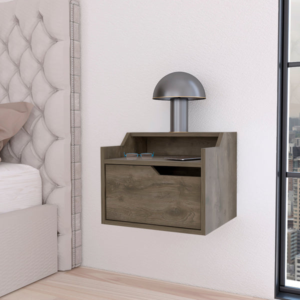 English Elm Dark Brown Floating Nightstand - Modern Wall-Mounted Dual-Shelf Design For Compact Storage & Style B062P175146