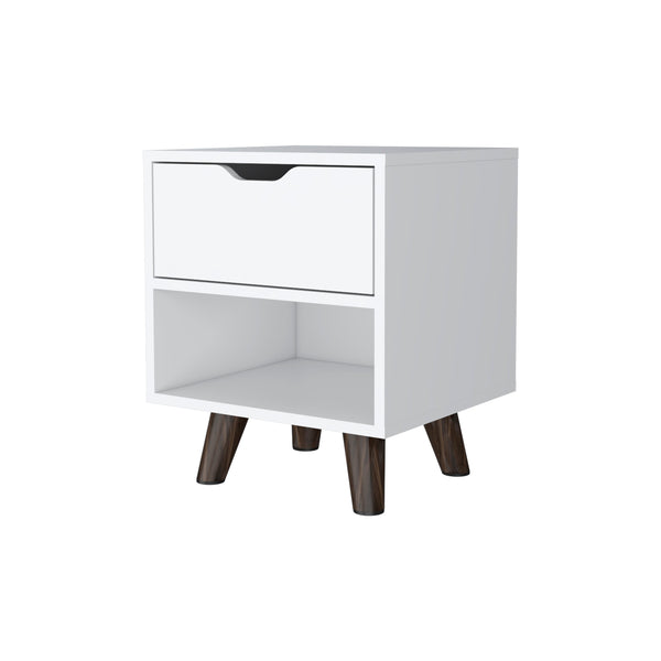 English Elm White Modern Nightstand with 1 Drawer and Open Shelf, Compact Wooden Legs, Chic Storage for Bedroom B062P175113