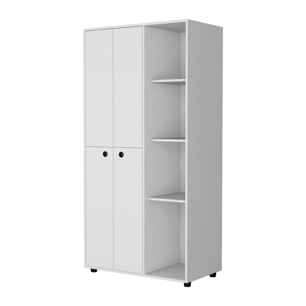 English Elm White 1-Drawer Armoire Closet Slim 4-Door Wardrobe with Hanging Rods & Open Shelves for Small Spaces B062S00555