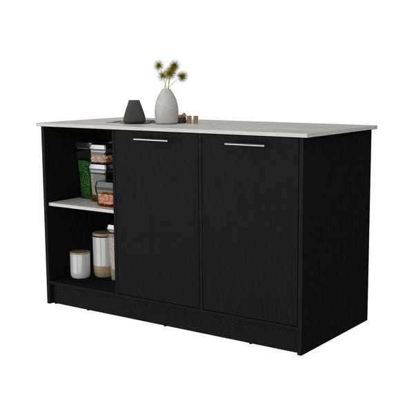 English Elm Wenge Kitchen Island with Wenge & Onyx Finish, Double Door Cabinets, Open Shelves, Spacious Prep Area B062S00388