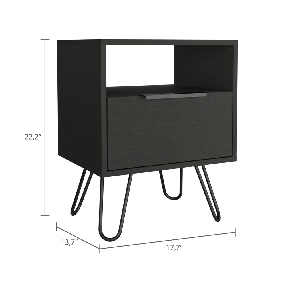 English Elm Nightstand Modern Black 22"H with Hairpin Legs, Open Shelf & Single Door Cabinet for Small Spaces B097132923