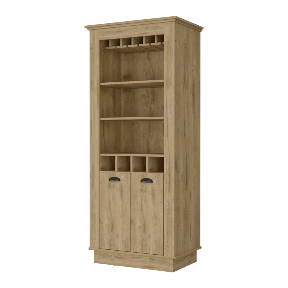 English Elm Macadamia Chic Bar Cabinet with 4-Built In Wine Racks, 10-Glass Holder & Open Shelves for Entertaining B062S00384