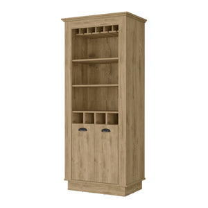 English Elm Macadamia Chic Bar Cabinet with 4-Built In Wine Racks, 10-Glass Holder & Open Shelves for Entertaining B062S00384