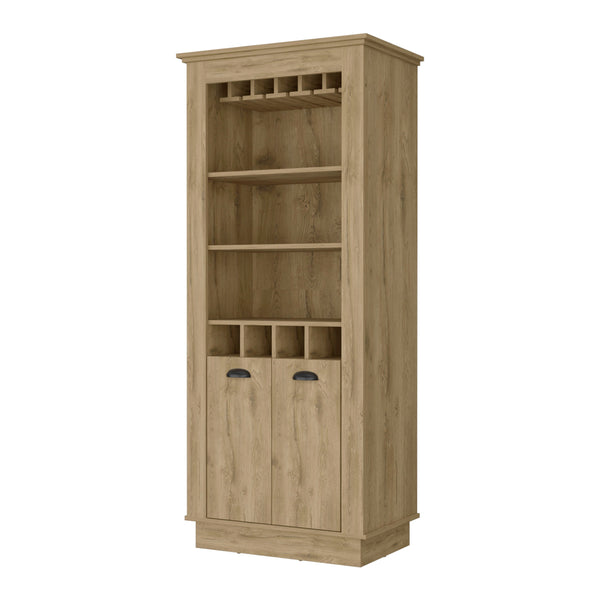 English Elm Macadamia Chic Bar Cabinet with 4-Built In Wine Racks, 10-Glass Holder & Open Shelves for Entertaining B062S00384
