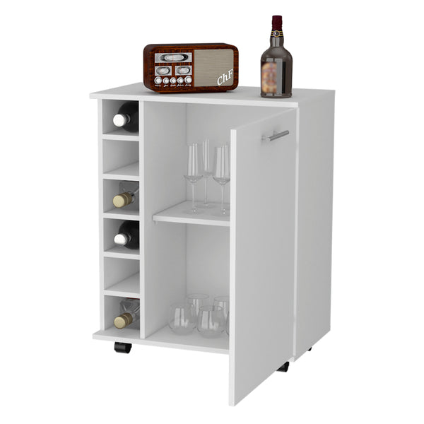 English Elm White Modern Bar Cart with 6-Bottle Rack, Enclosed Shelf, Sleek Handle & Casters for Entertaining B062P175132
