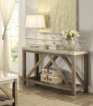 English Elm Industrial Angled Support End Table with Marble Top and Weathered Wood Shelf, Creamy White Accent Natural 51 L x 20.75 W x 8.5 H B011P175701