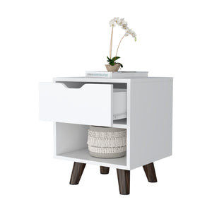 English Elm White Modern Nightstand with 1 Drawer and Open Shelf, Compact Wooden Legs, Chic Storage for Bedroom B062P175113
