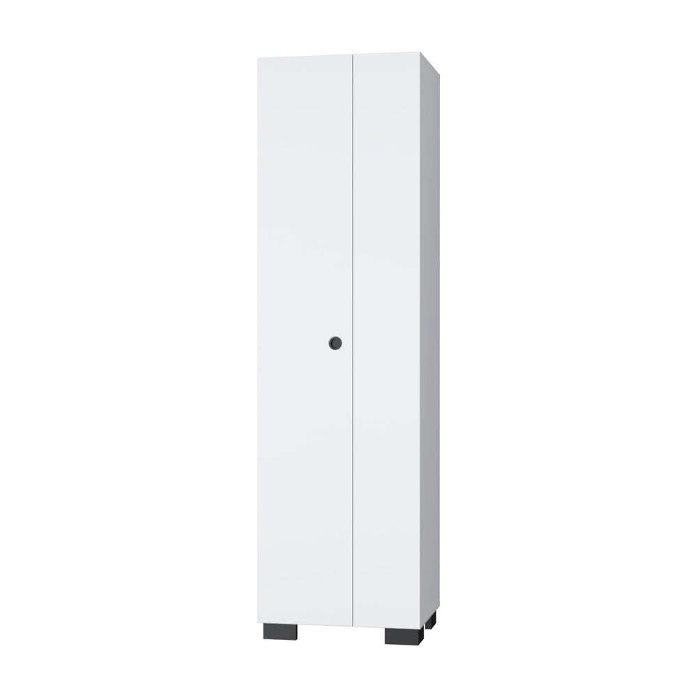 English Elm White Broom Cabinet with 5 Shelves, 3 Side Hangers & Bottom Storage — Tall 71" White Organized Closet B062S00380