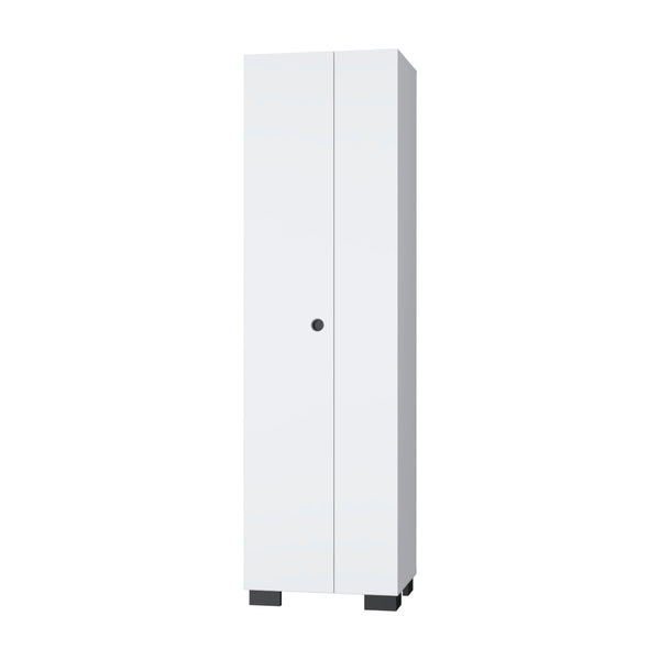 English Elm White Broom Cabinet with 5 Shelves, 3 Side Hangers & Bottom Storage — Tall 71" White Organized Closet B062S00380