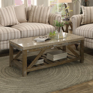 English Elm Industrial Angled Support End Table with Marble Top and Weathered Wood Shelf, Creamy White Accent Natural 53 L x 30.75 W x 10 H B011P175702