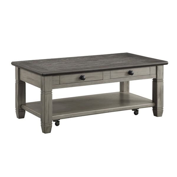 English Elm Coffee Granby Collection Cocktail Table with Wood Top, Two Drawers, Lower Display Shelf & Casters Antique Gray 51.5 L x 29.5 W x 12 H B011P175707