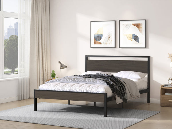 English Elm Ceres Metal Bed Frame Queen in Black with Walnut Headboard & Footboard — 1000lb Sturdy, Storage B083124174