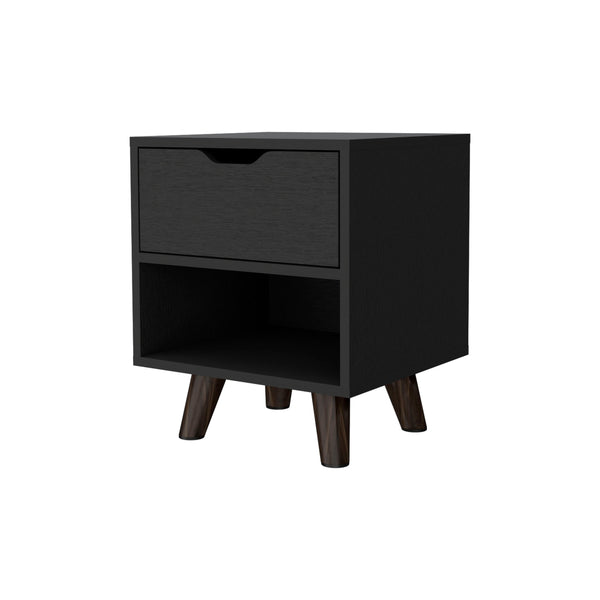 English Elm Wenge Modern 1-Drawer Nightstand with Open Shelf & Wood Legs — Compact, Stylish Bedroom Storage B062P175114