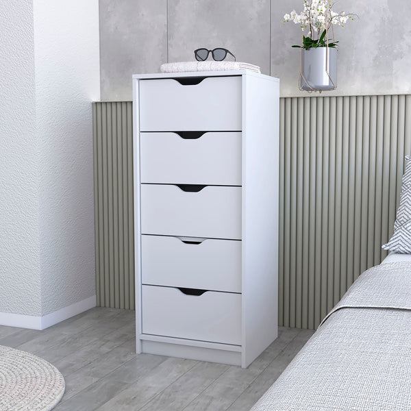 English Elm Logan White 5-Drawer Narrow Dresser with Pull-Out Smooth Glide Drawers, Compact 42.4" Storage Solution B062P175095