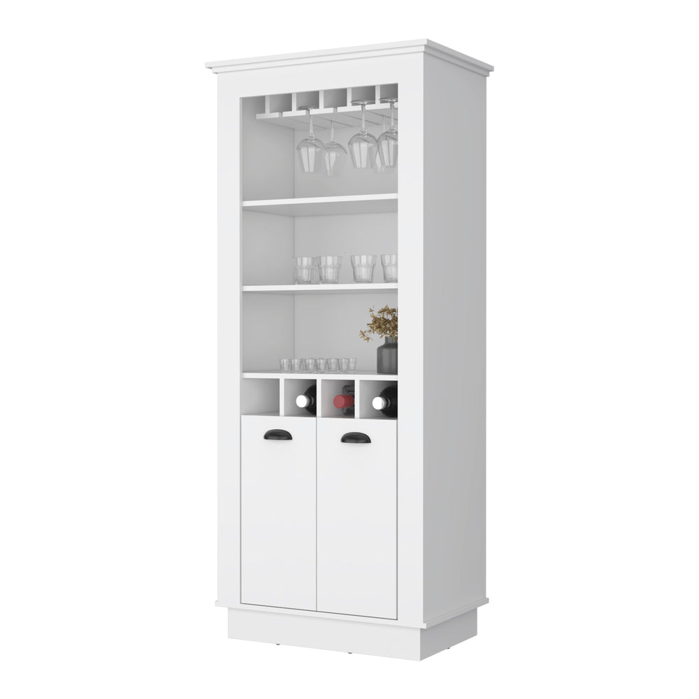 English Elm White Chic 4-Built In Wine Rack Bar Cabinet with 10-Glass Holder, Open Shelves & Spacious Storage for Entertaining Elegance B062S00383