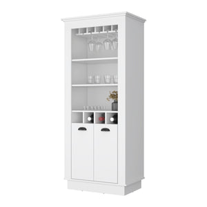 English Elm White Chic 4-Built In Wine Rack Bar Cabinet with 10-Glass Holder, Open Shelves & Spacious Storage for Entertaining Elegance B062S00383