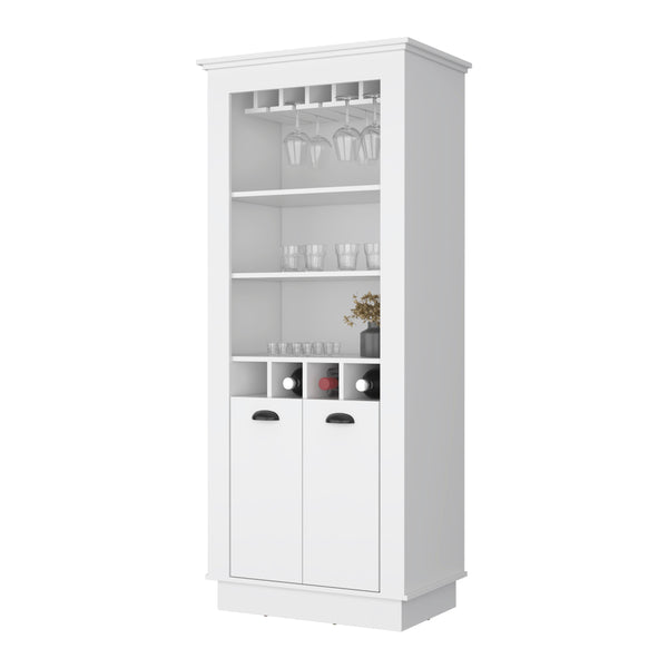 English Elm White Chic 4-Built In Wine Rack Bar Cabinet with 10-Glass Holder, Open Shelves & Spacious Storage for Entertaining Elegance B062S00383
