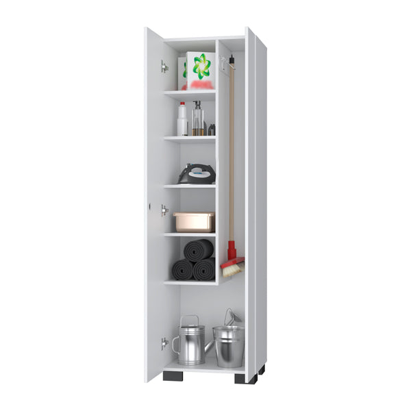 English Elm White Broom Cabinet with 5 Shelves, 3 Side Hangers & Bottom Storage — Tall 71" White Organized Closet B062S00380