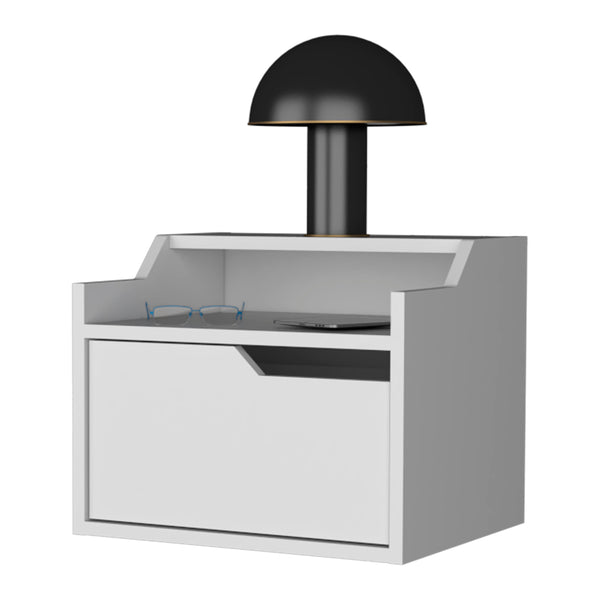 English Elm White Floating Nightstand with Drawer and Dual Shelves — Wall-Mounted Modern White Display for Small Spaces B062P175143