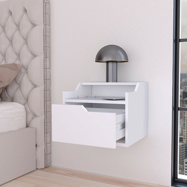 English Elm White Floating Nightstand with Drawer and Dual Shelves — Wall-Mounted Modern White Display for Small Spaces B062P175143